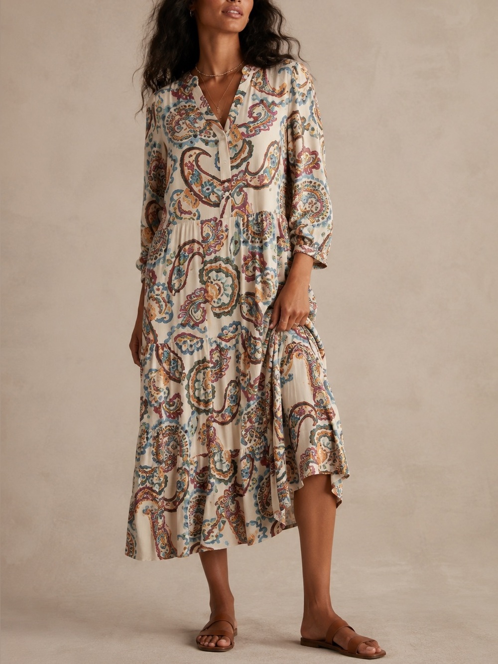 Kate & Sam Boho Paisley Midi Dress Tiered 3/4 Sleeve Festival Folk Artsy Indie M